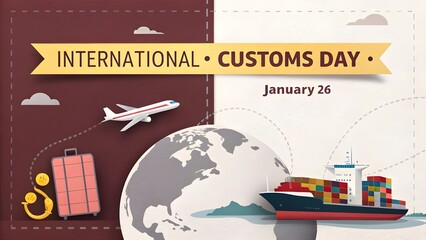 International customs day january 26 celebrating global trade logistics and transportation with cargo ship airplane and truck on earth