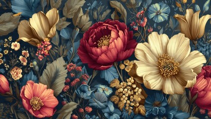 Opulent Vintage Botanical Illustration with Golden and Burgundy Flowers on Dark Background