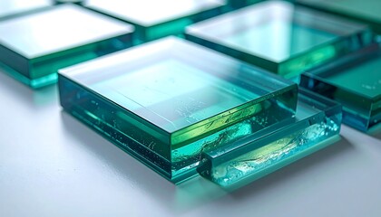 Close-up of translucent, square glass tiles with varying shades of teal and teal-green
