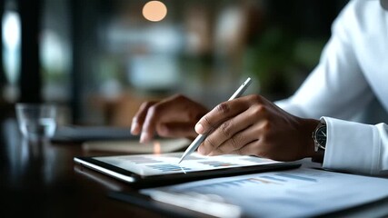 Businessperson using digital tablet and stylus with financial reports data analysis review audit examination strategic project management modern office work assessment - Powered by Adobe