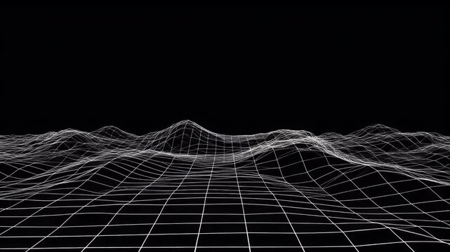 A dynamic wireframe grid terrain rendered in stark white against a pure black background.