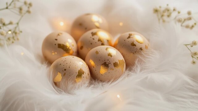 Elegant beige easter eggs decorated with gold foil spots resting in a soft nest of white feathers with warm bokeh lights and small white flowers. Concept of sophisticated holiday decoration