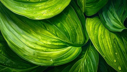 Close-up of vibrant, textured green leaves with water droplets, showing intricate patterns and natural beauty