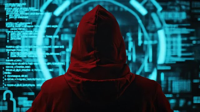Anonymous individual in a dark hooded garment observing vivid blue digital code and data streams, symbolizing modern online security and cyber defense.