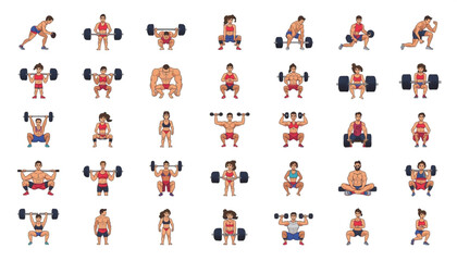 health A colorful vector graphic illustration of various people exercising with dumbbells in different poses and positions.