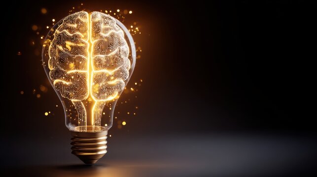 Glowing digital brain light bulb representing innovation - Powered by Adobe