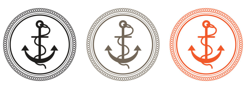 Nautical anchor logos in black, gray, and orange circular designs