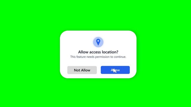 A dynamic smartphone-style popup dialog box requesting user location access, featuring 'Allow access location?' on a vibrant green screen background, ready for chroma key compositing in video projects
