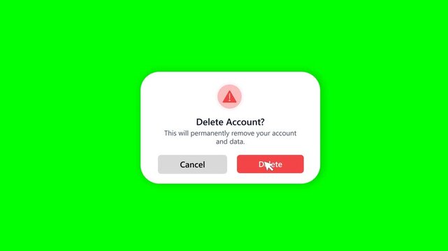 Digital delete account confirmation pop-up window with warning symbol appearing on a vibrant green screen background, indicating a critical user action for permanent data removal