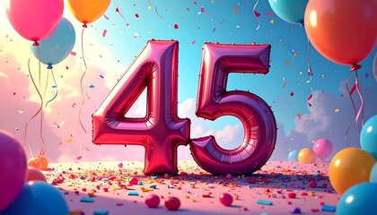Colorful celebration image with floating number balloons, confetti, and vibrant party balloons