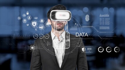 A businessman immersed in a virtual reality experience, exploring data visualizations and technology graphics within a sleek modern office setting, showcasing innovation. Raster