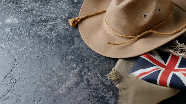 Anzac Day commemoration with a traditional slouch hat and a national flag representing sacrifice and remembrance for veterans and soldiers