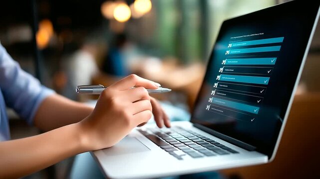 Business performance monitoring concept on computer online survey completion digital form checklist quality control accuracy check assessment questionnaire evaluation form pro