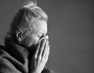flu catching the flu woman blowing nose with allergy sneezing after catching a cold with grey background with people stock photo