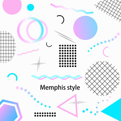 Modern geometric background in Memphis style with abstract shapes, minimalist figures and isometric elements. EPS10