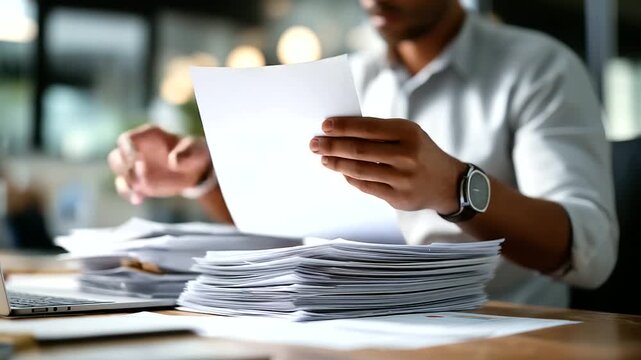 Businessman working in stacks of papers searching unfinished paperwork information form checking stack table examination financial paper verification busy workload assessment