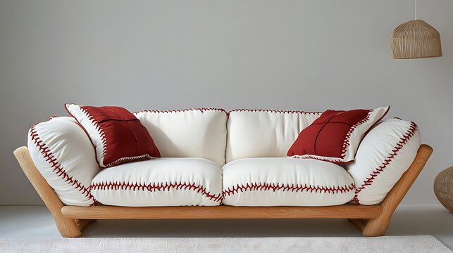 A baseball-themed sofa featuring white cushions with red stitching that mimics a baseball design 