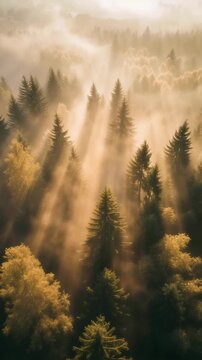 Aerial view of a lush evergreen forest covered in morning mist with dramatic golden sun rays streaming through the trees creating a serene and atmospheric wilderness landscape