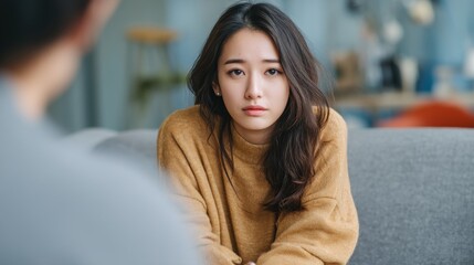 Young asian female in thoughtful conversation indoors.