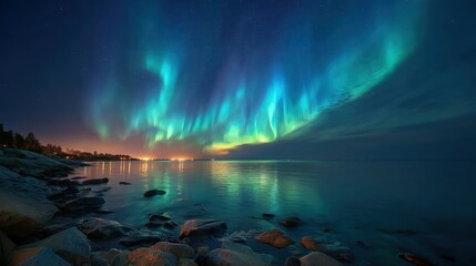 Stunning aurora borealis over calm sea at night with rocky shoreline.