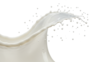 High-viscosity opaque white liquid (cream/yogurt) frozen in an architectural cresting wave with micro-droplets on a transparent background, copy space, concept for dairy advertising