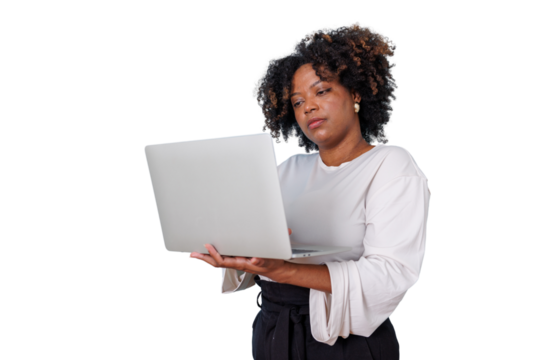 Black woman with afro hair typing on laptop, working remotely, focused on online business on transparent background - Powered by Adobe