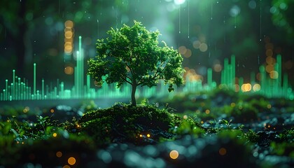 Digital Symphony of Growth: A lone tree stands defiantly on a mossy mound, surrounded by digital green energy waves and glowing orbs, embodying growth, nature, and the environment.
