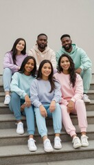 Fototapeta premium Group of Friends Sitting on Steps in Coordinated Casual Outfits
