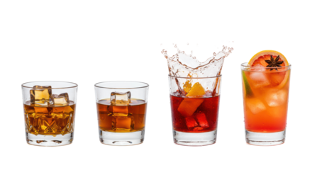 Premium whiskey, brandy, negroni, tropical cocktail with dynamic frozen splash. transparent studio, cinematic hard light, condensation, macro details. Luxury beverage advertising