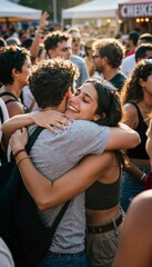 Joyful Embrace in a Vibrant Crowded Festival Street Scene