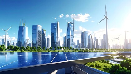 Sustainable Metropolis: A visionary cityscape seamlessly merges modern architecture with renewable energy, symbolizing a commitment to a greener future and environmentally conscious living.