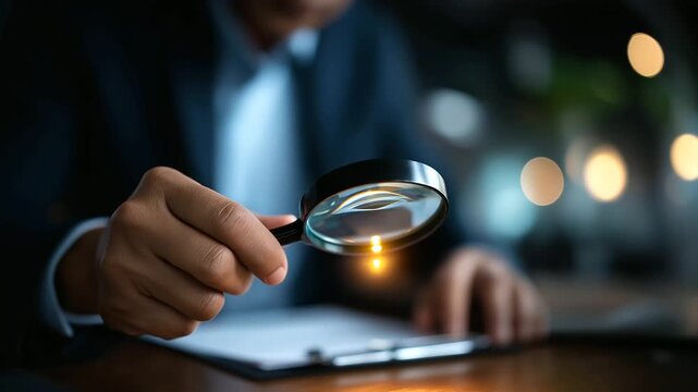Businessman focusing on audit checklist visualization magnifying glass icon interface examination compliance verification process quality assessment review inspection accuracy