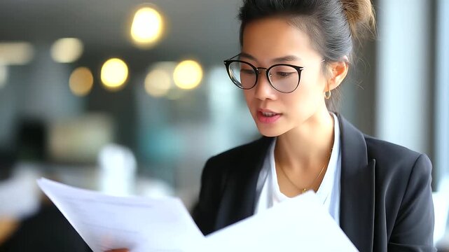 Expert Asian woman reviewing data and costing analysis managerial account preparation monthly cost variance report income tax audit process ESG budget control ERP service