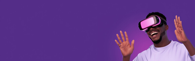 African American man wearing VR googles and waving hands on a purple background with copy space. Concept of futuristic technology, gaming experience in metaverse world. 
