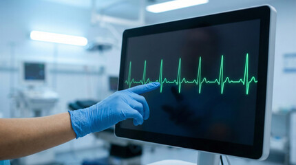 Doctor Pointing at Heart Rate Monitor Screen in Hospital