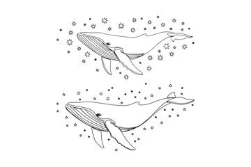 Obraz premium Humpback whales swimming in the starry night sky line art