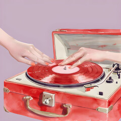  Illustrated close-up of female hands placing a red vinyl record on a vintage suitcase-style turntable. Artistic watercolor style with soft pastel purple background. Concept of music, vinyl culture