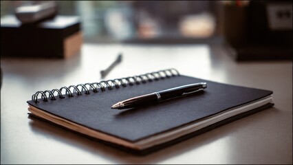Black notebook and pen on desk