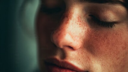 Obraz premium Close-up of a face with rosacea and freckles