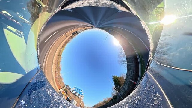 Car Drive on British Streets and Roads of England Great Britain During Clear and Sunny Day. Car Roof Mounted 360 Degree Ultra Wide and Unique Angle Camera Footage Was Captured on 3rd January, 2026