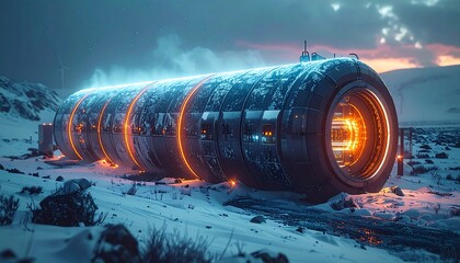 Futuristic structure on snowy terrain : An imposing cylindrical structure radiates with a vibrant energy, emitting a luminous glow as it rests upon a cold, snow-covered landscape.