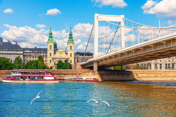 Elisabeth Bridge with historic buildings of Pest city center, view from Danube River, Budapest, Hungary