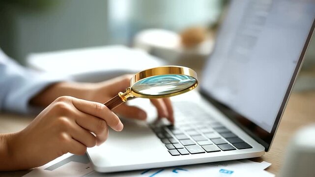 Document analysis and digital checklist interface data verification process online auditing review person examining information on laptop magnifying glass accuracy validation