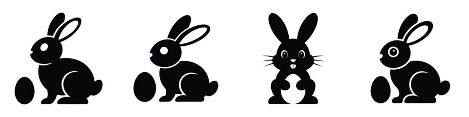 Obraz premium Cute Easter Bunny Silhouette Vector Set – Black Rabbit and Egg Icons for Spring, Holiday, Greeting Cards, Decorations, and Seasonal Designs