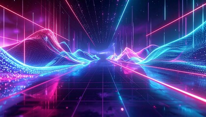 Neon Abstract Landscape: A mesmerizing digital landscape glows with vibrant neon lights, the geometric lines and flowing shapes creating a sense of futuristic wonder.