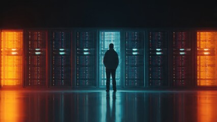 Data center server room with engineer