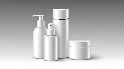 White plastic cosmetic bottles and jar with white background