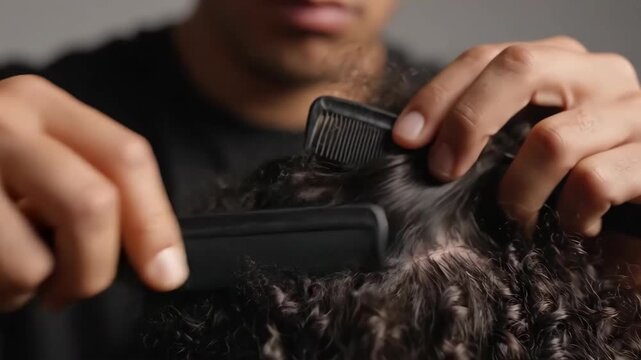 Man combing curly hair closeup comb hands curl curly styling focused gentle grooming care
