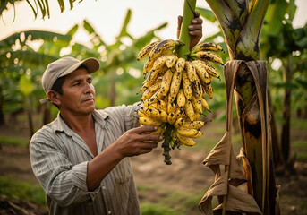 Banana picker in the middle of the harvest on his farm