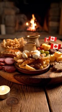 A wooden platter featuring a variety of Canadian foods, including poutine, in front of a fireplace.